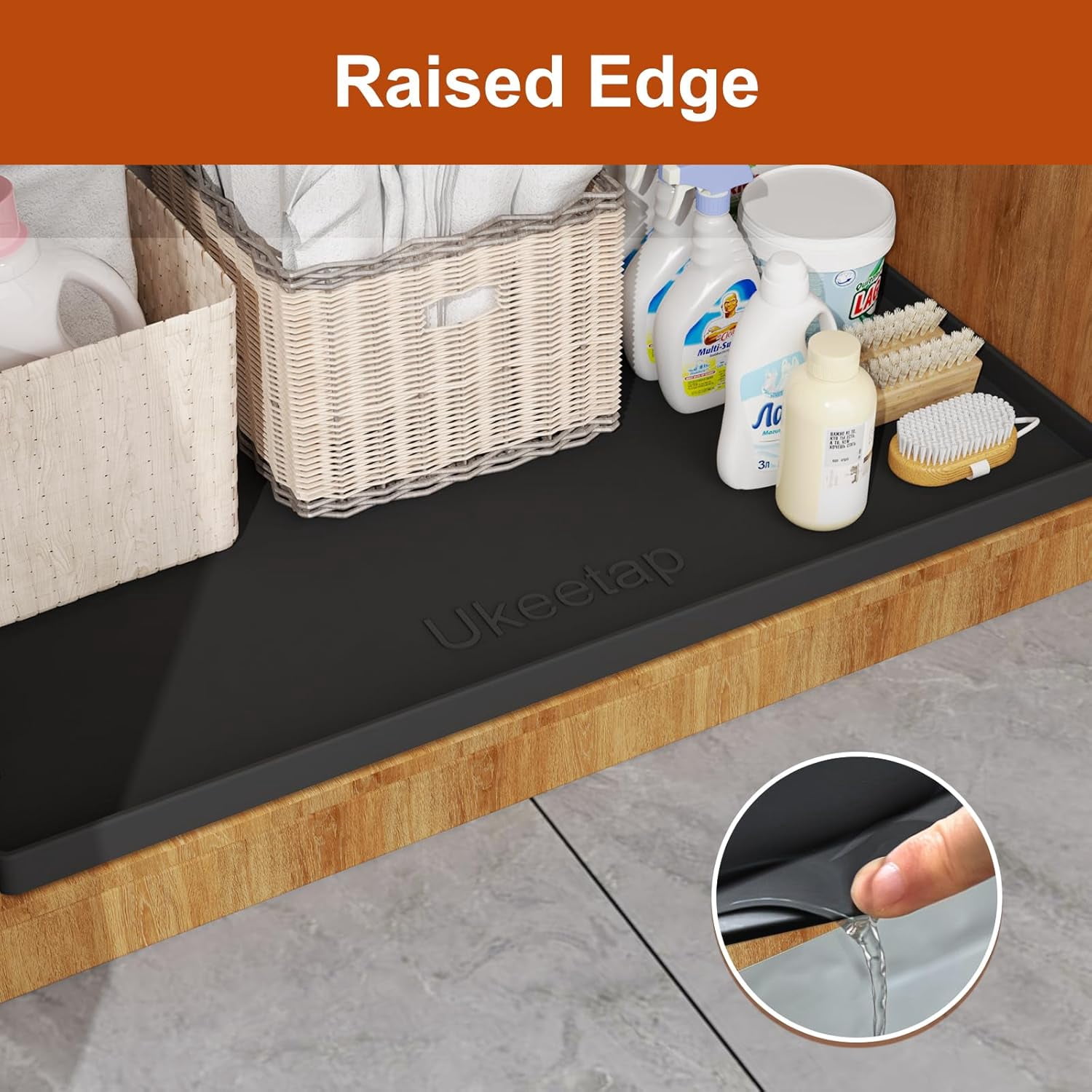 RGHJAR-Extra Thick Silicone Mat Waterproof with Raised Edge 22" x 19", Under Sink Mat for Kitchen & Bathroom, Kitchen Cabinet Liner, Multi-Purpose for Storage & Protection, Black