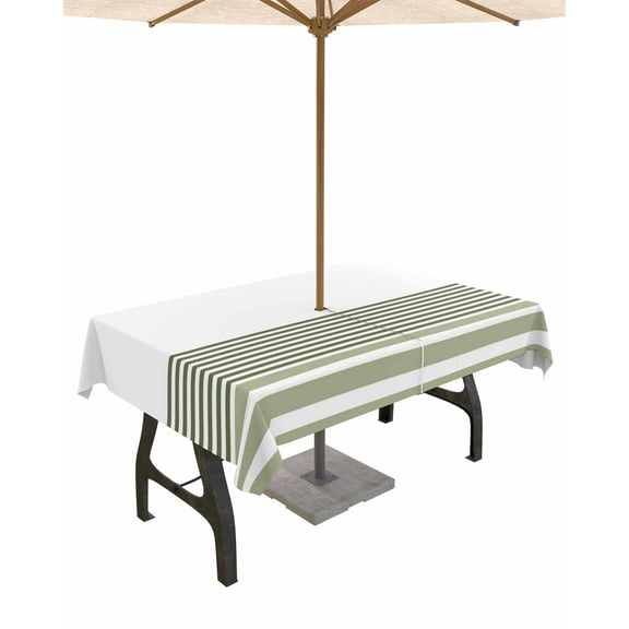 Fsddascl Sage Green Striped Outdoor Tablecloth - 54x80 Inch Rectangle Dining Table Cover, Modern Farmhouse Stripes Waterproof Outdoor Table Cloth with Umbrella Hole & Zipper for Picnic/Patio/Party
