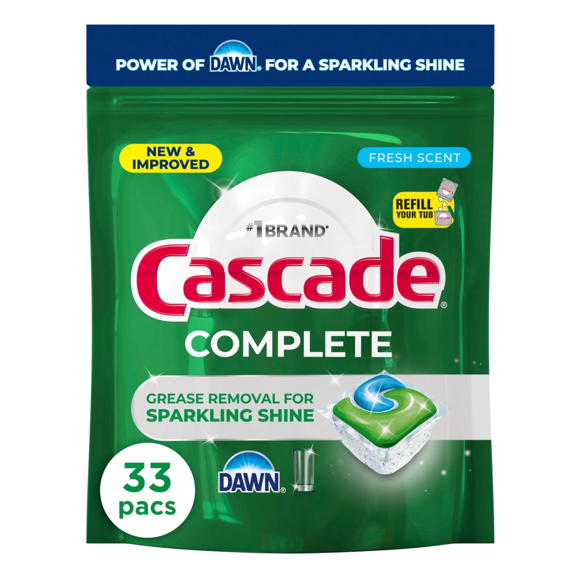 (4 pack) Cascade Complete Dishwasher Detergent Fresh, 33ct