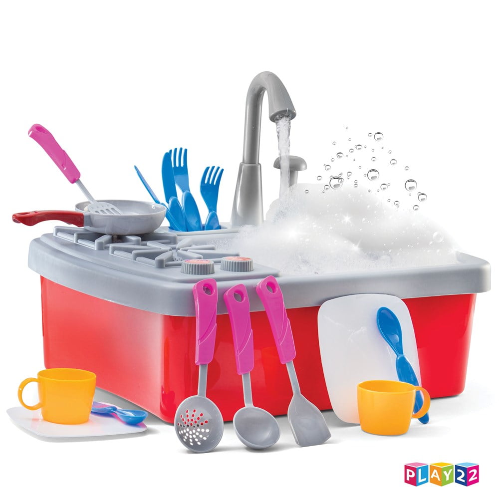 Blue deAO Wash-up Kitchen Sink Play Set Role Play House Wash and Dry Dish Set 