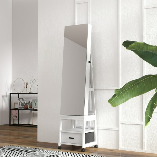 Gabinete De Joyería De Pie, Gabinete De Espejo De Pie Giratorio De 360 ° Con Ruedas Armario De Gabinete De Joyería De Gran Capacidad De Almacenamiento Para Dormitorio, Vestuario