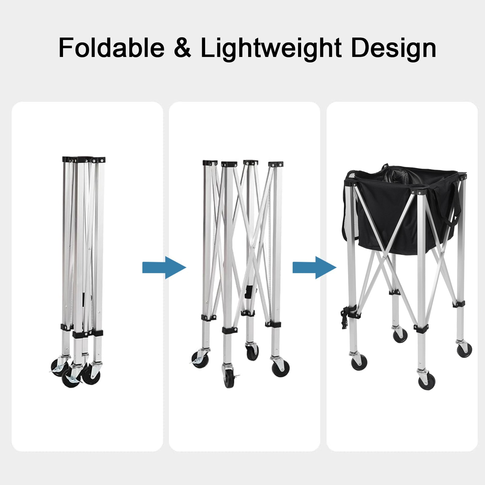Wharick Foldable Tennis Ball Cart for Pickleball, Squash Holds 160 Balls Wheeled Tennis Ball Hopper Sports Teaching Carts with Storage Bag for Ball Sports Lovers Gifts