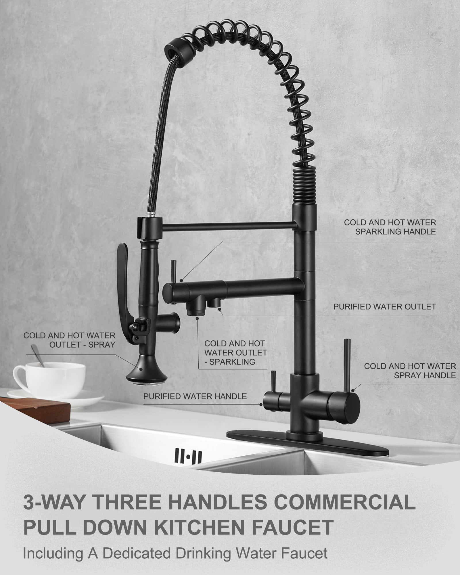 WOWOW Double-Handles Pull Down Sprayer Kitchen Faucet with Drinking Water for 1 or 3 Hole in Solid Brass in Brushed Nickel