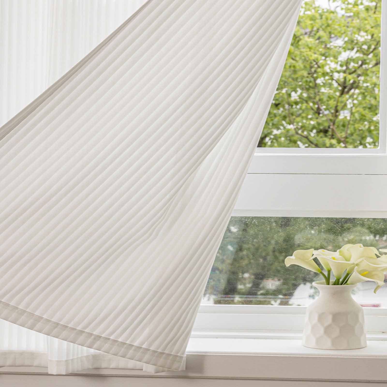 JVBTVB No Drill Adhesive Polyester Blinds - Sheer Window Curtains for Bedroom & Balcony, Semi-Transparent Light Filtering, Pleated Texture (39x47/39x59/39x71 inch, White)