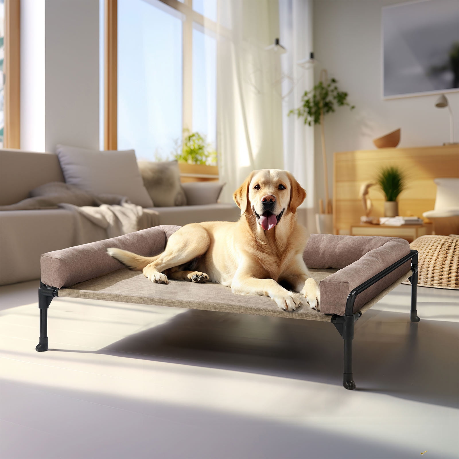 Veehoo Cooling Elevated Dog Bed with Removable Bolster, Raised Dog Sofa Bed for Large Sized Dogs, Indoor and Outdoor Metal Dog Cot with No-Slip Feet & Washable Textilene Mesh, X-Large, Beige Coffee