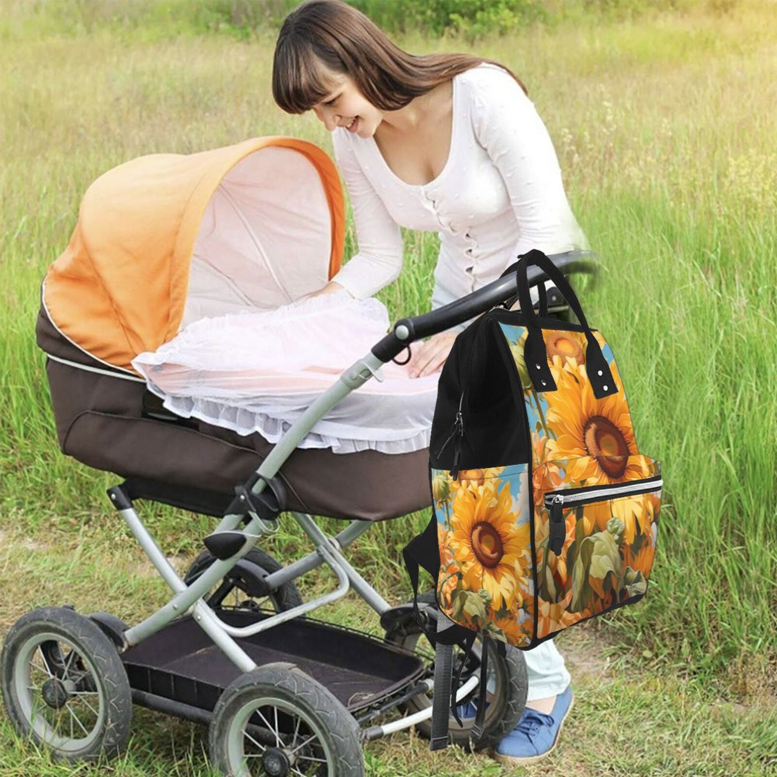 Fuzoiu Sunflower Blue Sky Print Diaper Bag Backpack,Baby Essentials Travel Tote,Multi function Waterproof Diaper Bag, Travel Essentials Baby Bag - Unisex