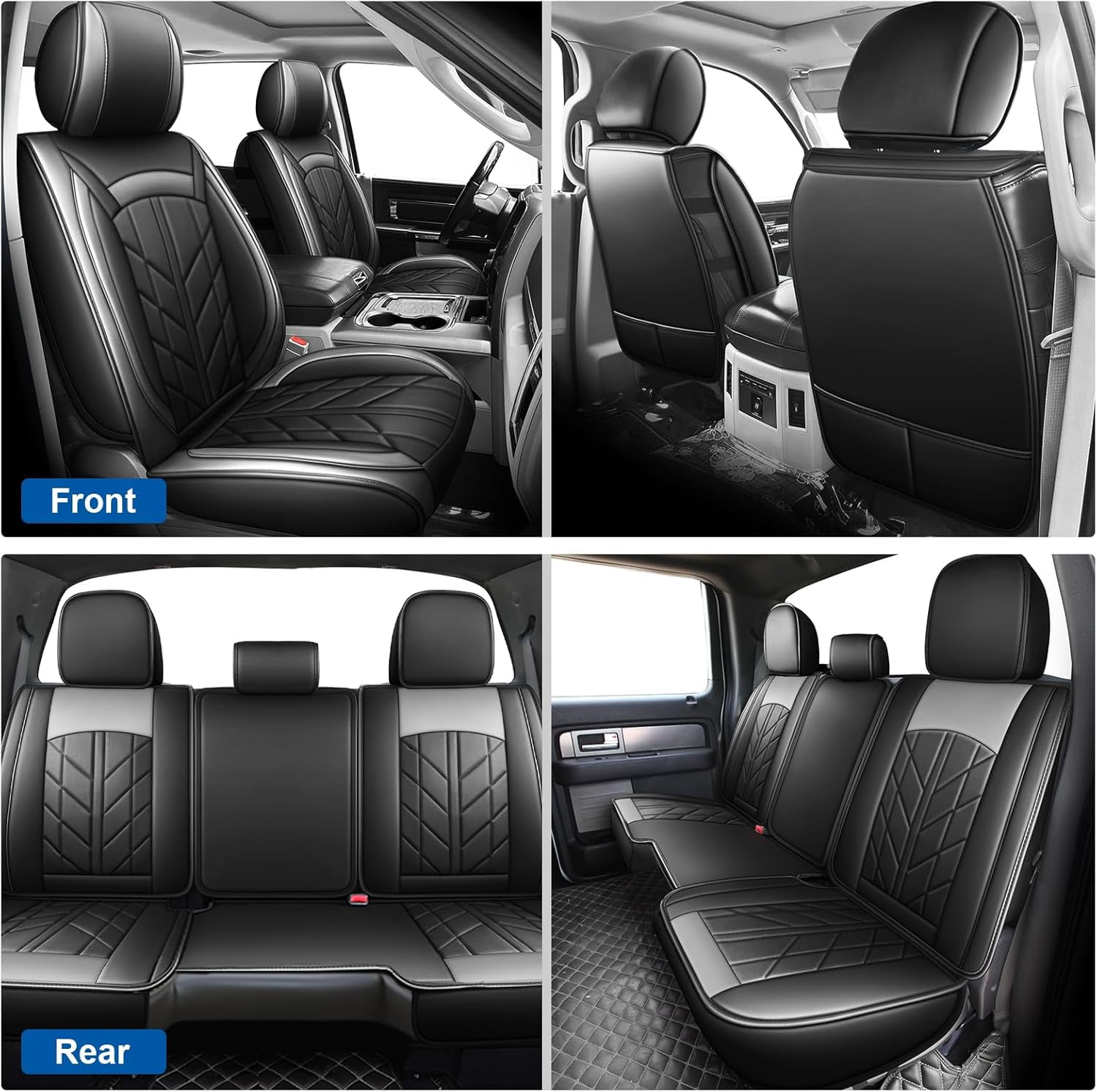 Car Seat Covers Custom Fit for Dodge Ram 1500 2500 3500 2009-2023, Waterproof PU Leather Full Set Pickup Cushion Protector Black Gray
