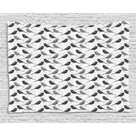 Damask Wall Hanging Birds Tapestry, Silhouette of Damask Patterned Northern Mockingbirds on Fluctuating Leaves, Wall Hanging for Bedroom Living Room Dorm Decor, 80W X 60L Inches, Grey Black White, by Ambesonne ()