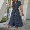 thumbnail image 6 of Women's Vintage Polka Dot Midi Dress Short Sleeve V-Neck Button Down Casual Summer Dress with Adjustable Waist Tie,Navy S, 6 of 8