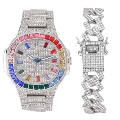 Charles Raymond Iced Out Mens Color on Blast Watch Single or Combo Sets with Blinged Out Bracelets Set. Iced Out Colourful Rainbow Flame Collection (ST10376-ZZ SLV)