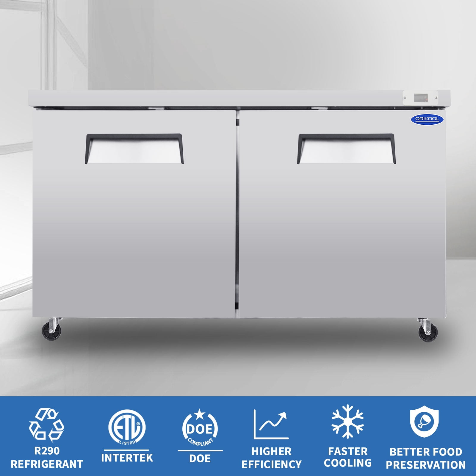ORIKOOL 60" Commercial Under Counter Freezer 2 Door 18.5 Cu.ft Undercounter Work Top Freezers ETL Approved