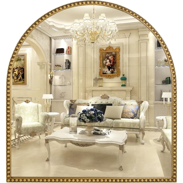 Espejo de baño arqueado de 33 x 31 pulgadas, espejo de pared dorado antiguo, marco de abalorio de metal, espejo de cambiador para cambiador, sala de estar, recámara, repisa, entrada, pasillo