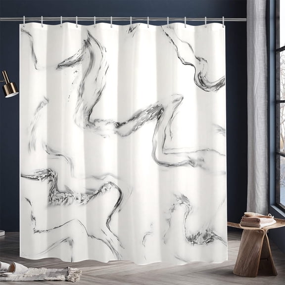 Extra Long Grey White Abstract Marble Waterproof Shower Curtain, 72” x 84” Machine-Washable