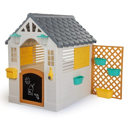 Dolu: Garden Playhouse With Fence - White-Grey-Yellow - Outdoor-Indoor Toy, Chalkboard Door, Durable Charming Design, Easy Assembly, Kids-Toddlers 2 