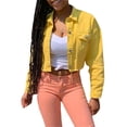 thumbnail image 5 of Suealasg Women's Denim Short Coat, Solid Color Long Sleeve Lapel Jacket Button Down Distressed Hem Crop Jeans Coat, 5 of 8