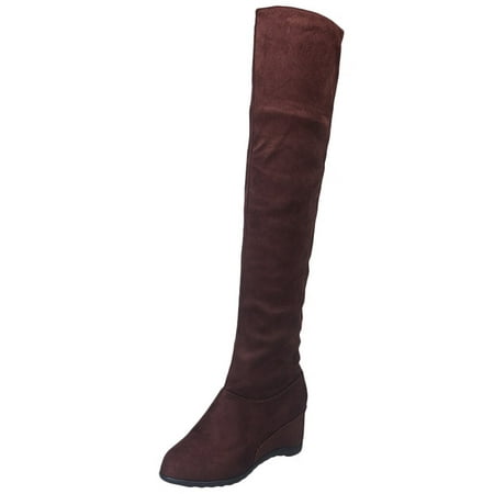 

Solid color Slope heel Boots for Women Fashion Solid Warm Over The Knee Long Boots High Boots Wedges Shoes Brown