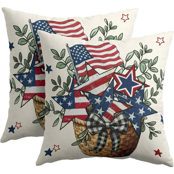 4th of July Pillow Covers 16x16 Inch American Flag Star Flower Basket Patriotic Decorative Throw Pillows Set of 2 Independence Day Memorial Day Pillowcases for Couch