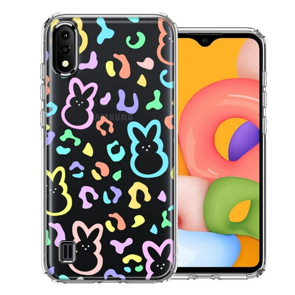 MUNDAZE for Samsung Galaxy A01 Leopard Easter Bunny Candy Colorful Rainbow Double Layer Phone Case Cover