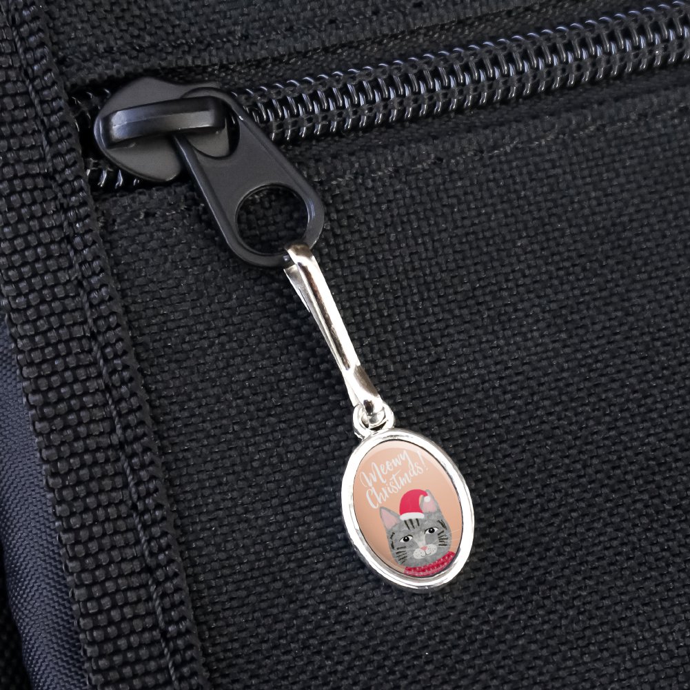 Meowy Merry Christmas Cat in Sweater and Hat Antiqued Oval Charm Clothes Purse Suitcase Backpack Zipper Pull Aid - image 3 of 4