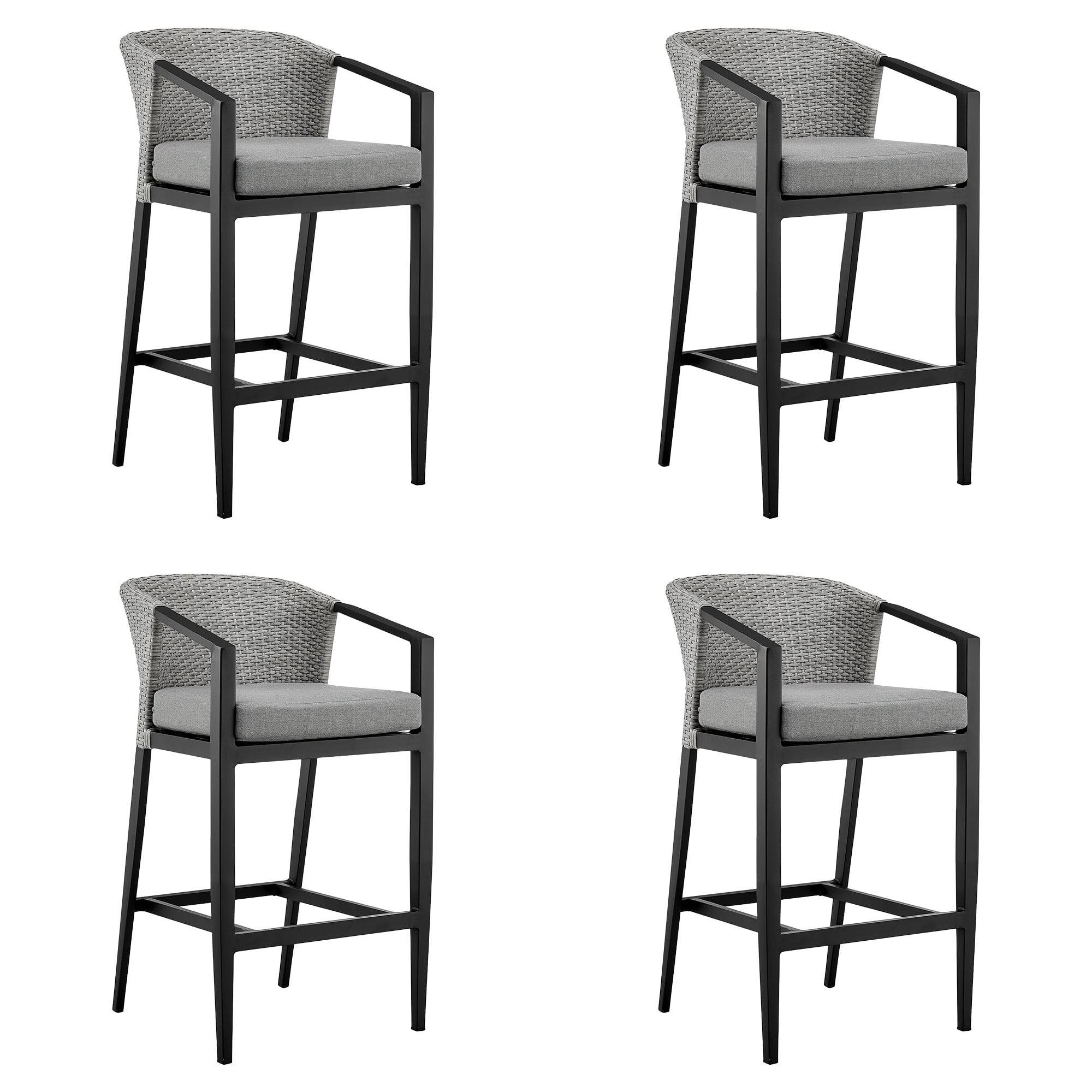 Palma Outdoor Patio Bar Stool in Aluminum and Wicker with Gray Cushions - Set of 4