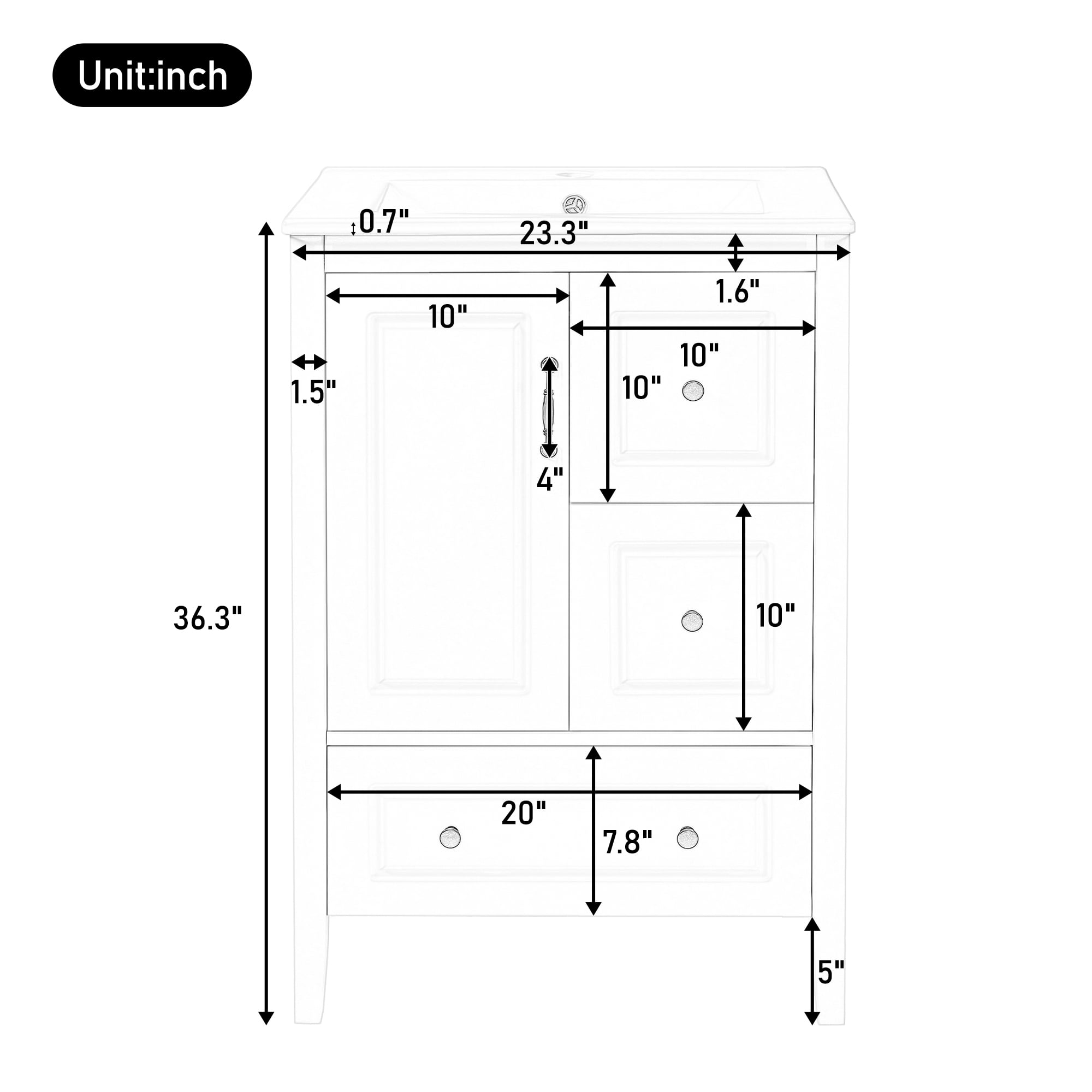 Euroco 24'' Freestanding Bathroom Vanity with Ceramic Sink, Soft-Close Cabinet & Drawers, Vintage-Style Design with Black Handles, MDF Construction, Easy Plumbing Access