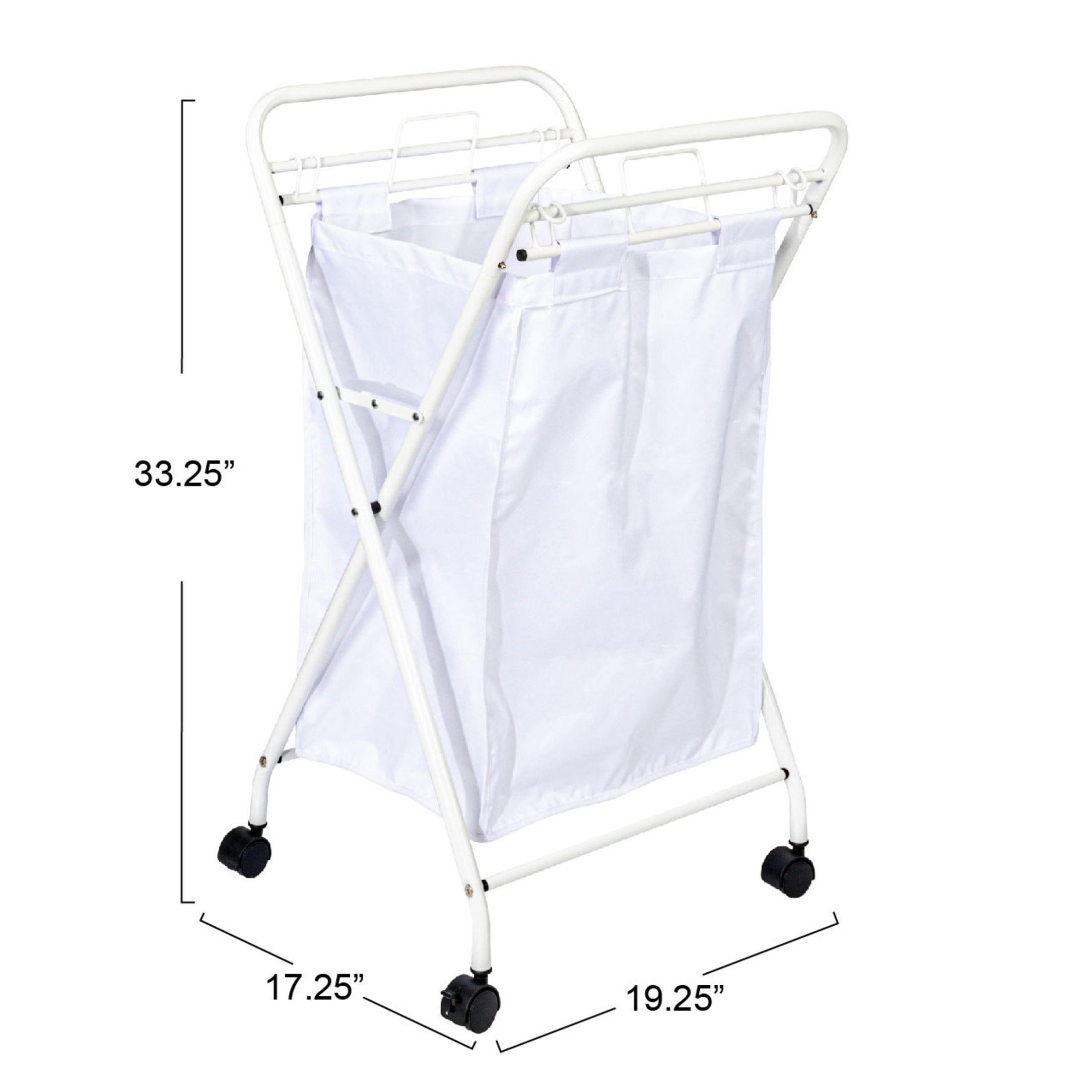 Household Essentials Rolling Laundry Hamper, Heavy Duty Canvas Bag, 2 Load Capacity, Foldable Frame, White Bag with Velcro Fasteners, White