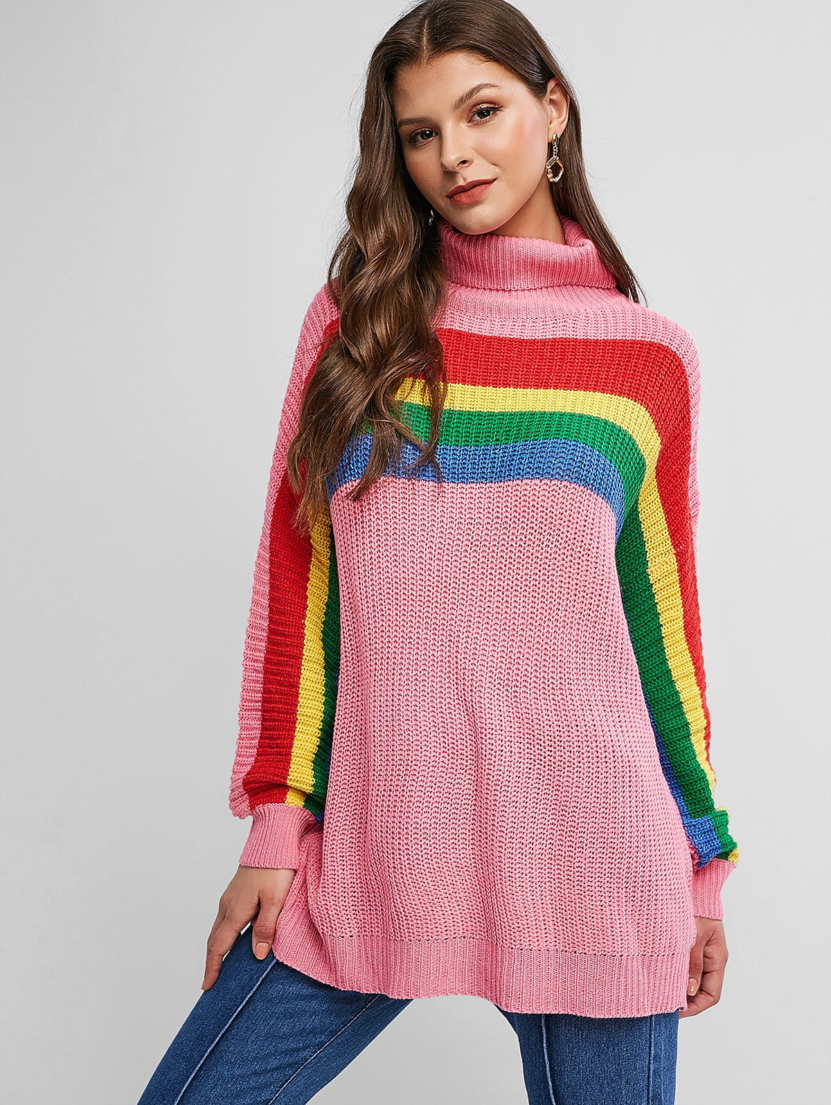 Women s Sweaters Cardigans Rainbow Stripes Roll Neck Drop Shoulder
