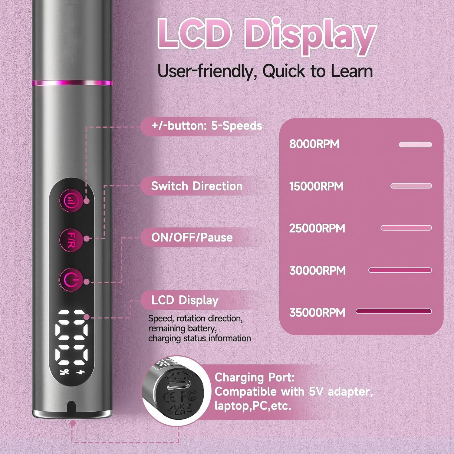 Cordless Electric Nail Drill, 35,000 RPM Rechargeable Nail Drill Machine with 12 Nail Drill Bits, Portable Electric Nail File with LCD Display for Acrylic and Gel Nails, Manicure & Pedicure, Gray