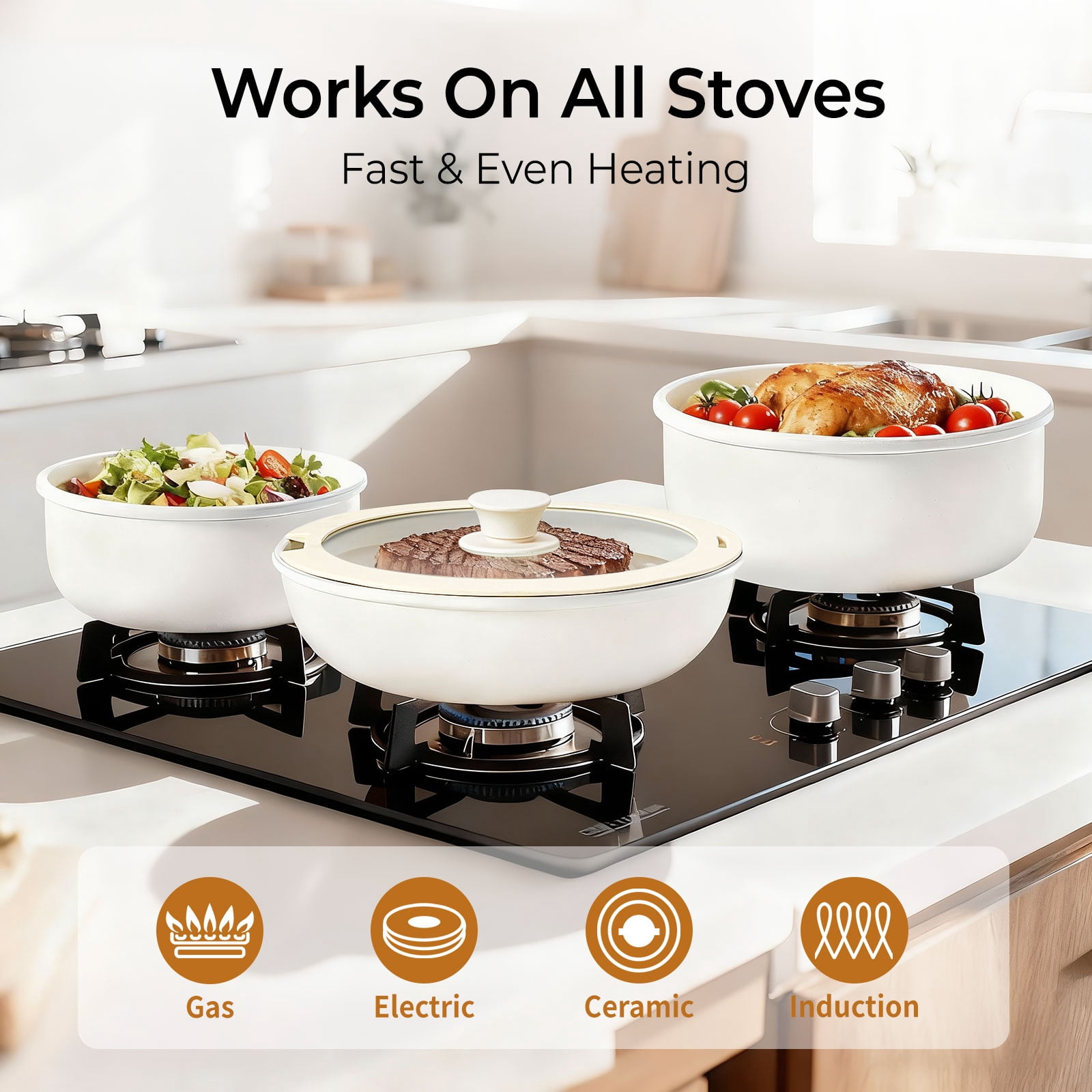 Ktaxon 19pcs Nonstick Cookware Set with Detachable Handle, 5 Pots and Pans Set Aluminum Kitchen Cooking Set, Induction Safe, Cream White