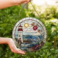 thumbnail image 2 of Lighthouse and Ocean Scene Glass Suncatcher – Handcrafted Stained Glass Panel with Coastal Waves, Bright Sun, and Colorful Flowers, 2 of 5