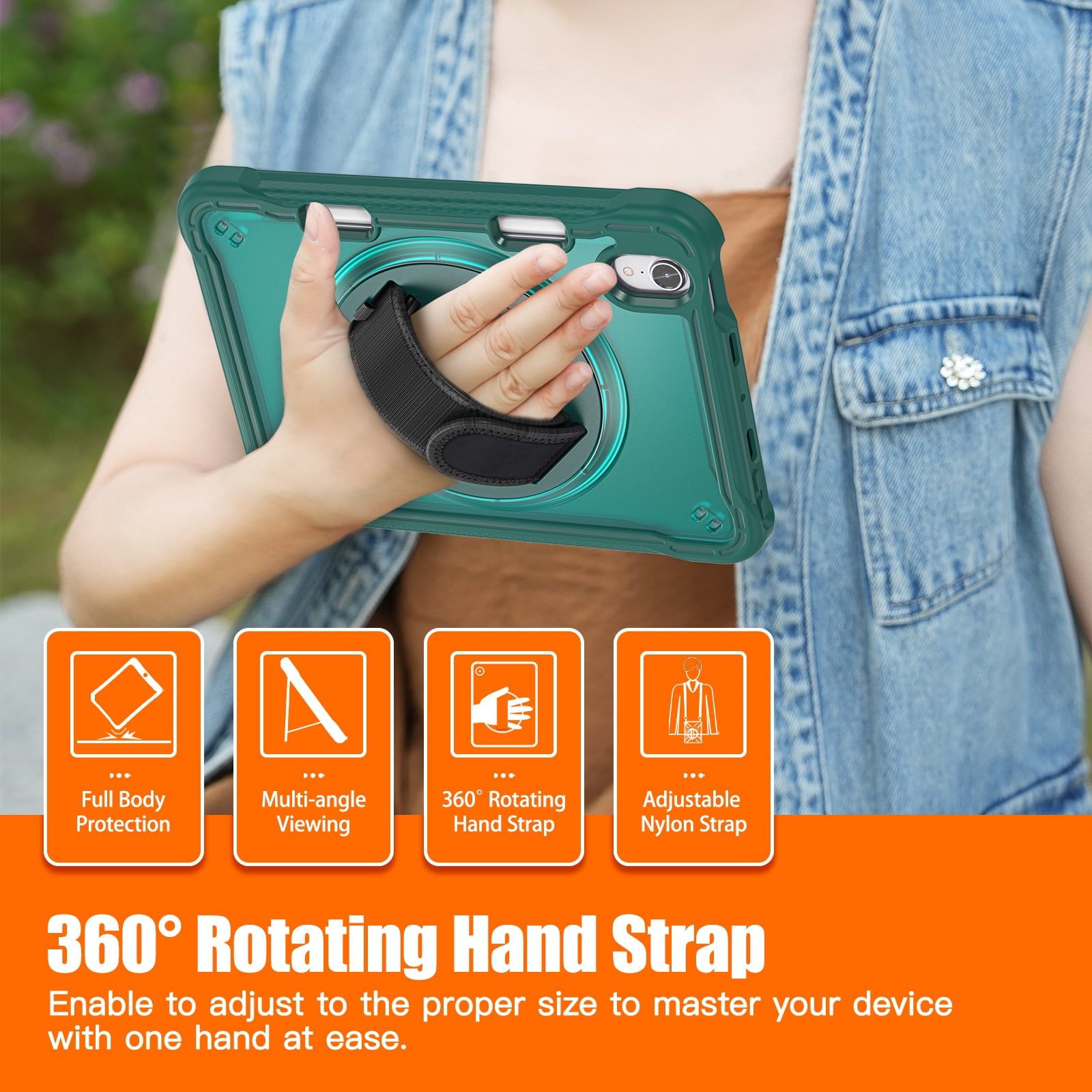 Shockproof Case for Apple iPad mini 6/7, iPad mini 6th 7th Gen Cover, 360 Rotating Stand Translucent Back Cover Shockproof Adjustable Shoulder Strap Kids Friendly with Pencil Holder, Darkgreen