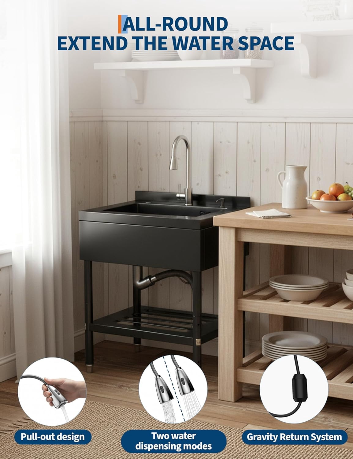 Stainless Steel Utility Sink,Freestanding Deep Basin Work Sink,Heavy-Duty Industrial Sink with Splash for Garage Workshop Laundry Room & Man Cave,Black,25.7" × 20.7" × 39.5"