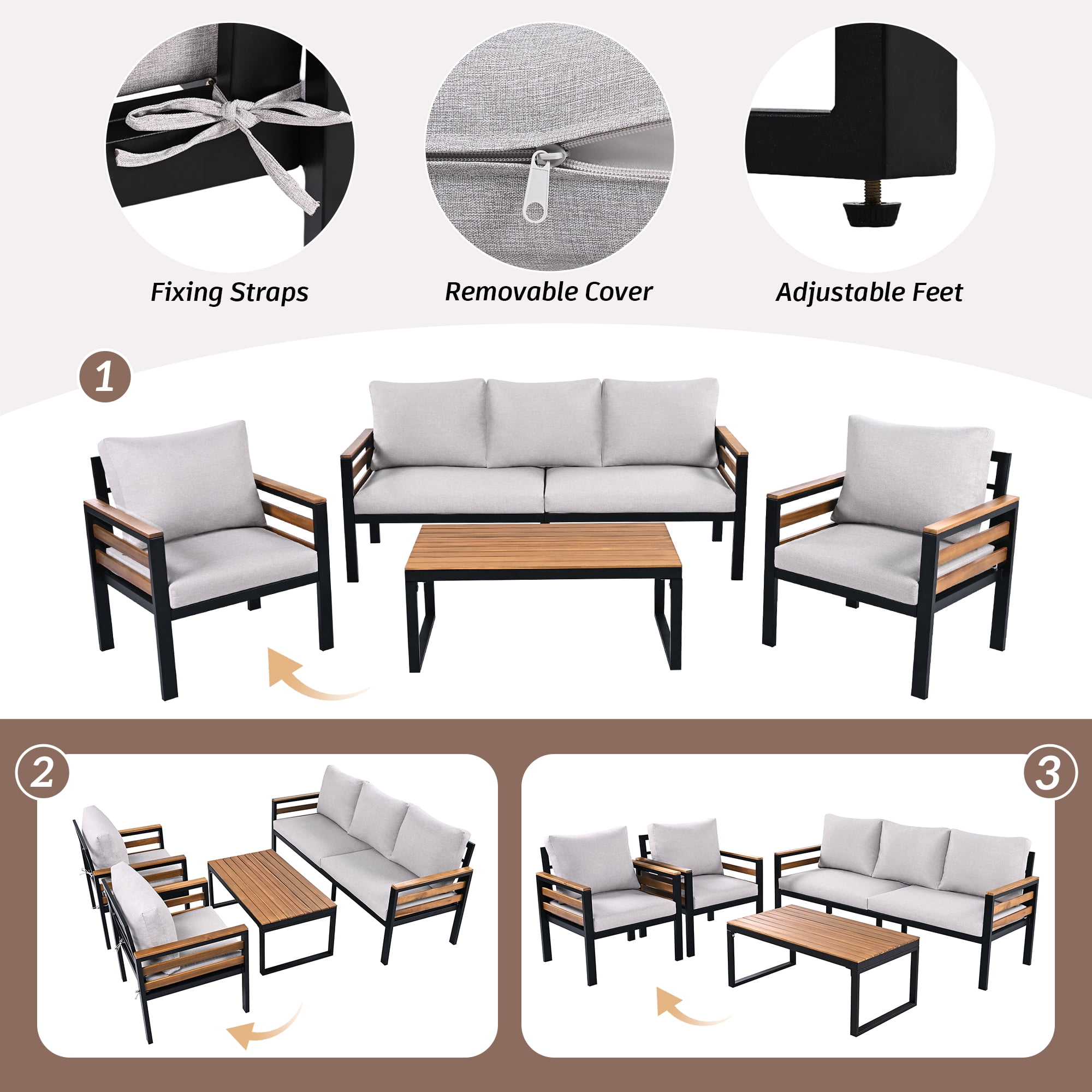 4-Piece Outdoor Patio Conversation Set, Modern Iron Patio Furniture Set for 5 People with Acacia Wood Armrests Removable Cushion and Solid Wood Coffee Table for Garden and Backyard, Beige