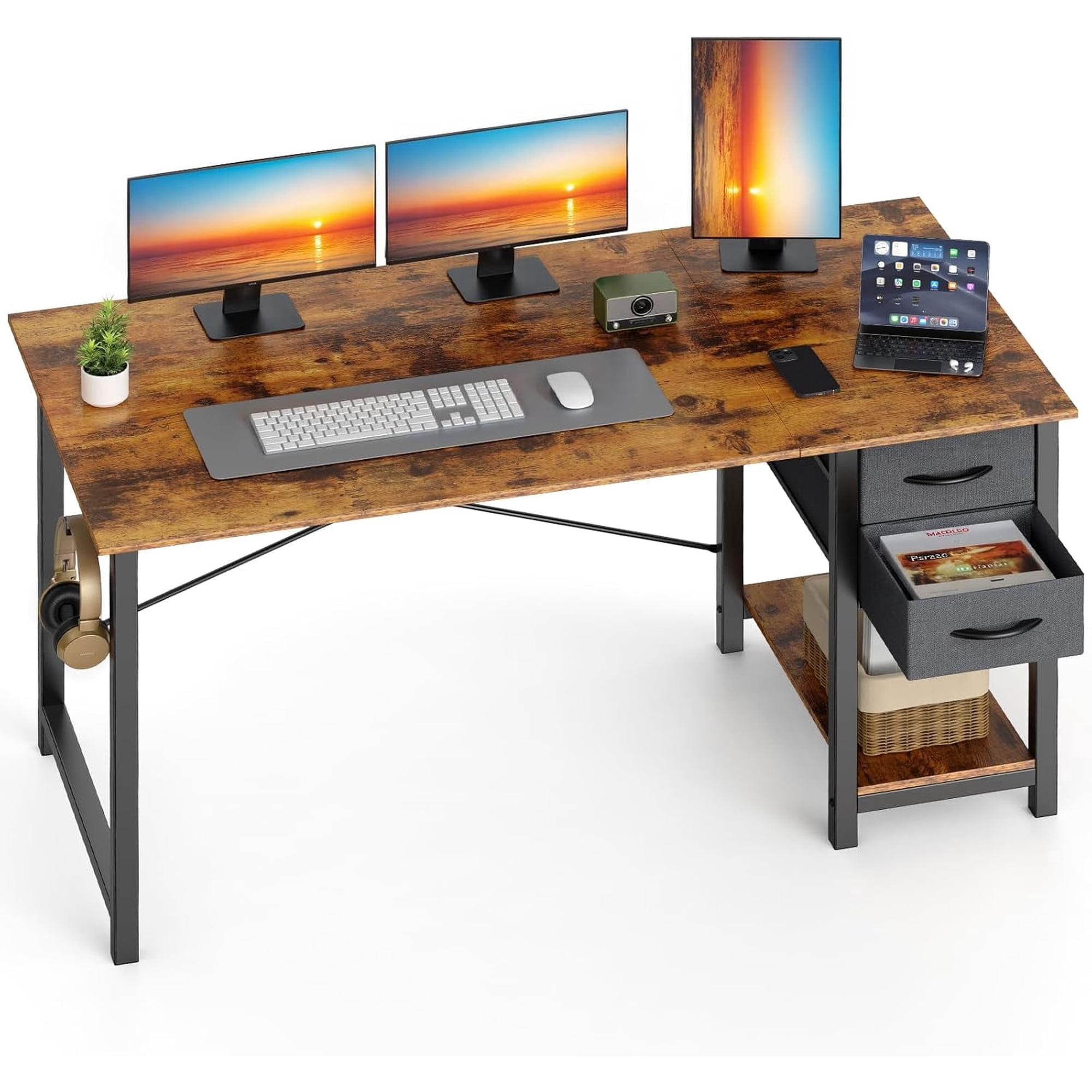 47 Inch Modern Study Work Table with X-Shaped Reinforcement, Computer Writing Desk with Adjustable Drawers & Side Hook for Home Office, Rust