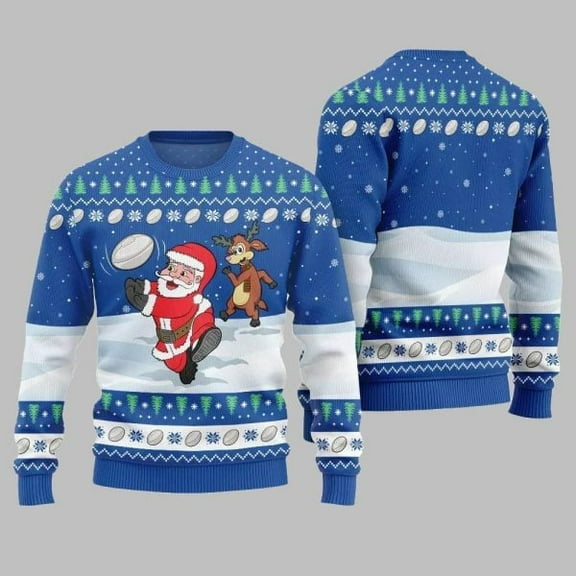 2025 Christmas Santa Playing Rugby Ugly Christmas Sweater 002