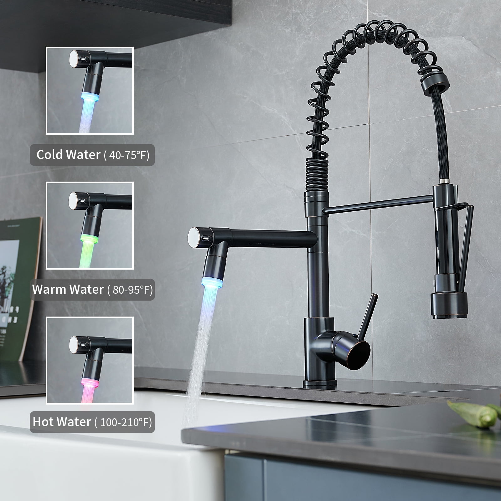 ANGELES HOME LED Kitchen Faucet with Single-Handle, Pull Down Sprayer Kitchen Faucet, Kitchen Sink Faucet with Double Spout in Oil Rubbed Bronze