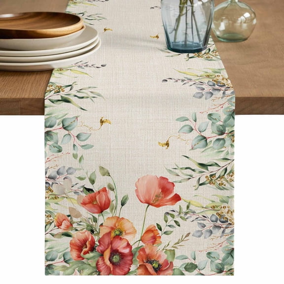 Table Runner 72 Inches Long for Kitchen Dining, Red Poppy Dresser Scarf Farmhouse, Dining Table Decorations for Wedding/Parties, Farmhouse Country Vintage Flower Leaf Plant 16 x 72 In