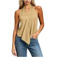 thumbnail image 3 of Halter Tops for Women, Sleeveless V Neck Shirts, Loose Fit, Casual Summer Tops, Vacation Travel Street Wear | VerBelle,Khaki M, 3 of 7