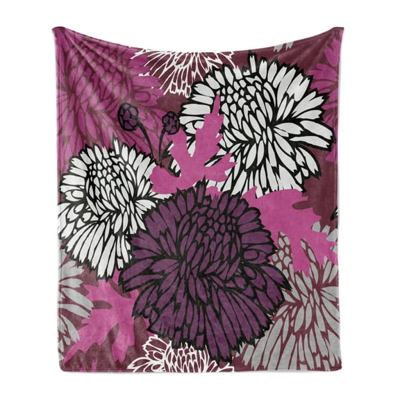 Dahlia Soft Flannel Fleece Blanket, Drawing of Large Chrysanthemum Blossoms and Buds in Shades of Purple, Cozy Plush for Indoor and Outdoor Use, 70" x 90", Eggplant Baby Pink White, by Ambesonne