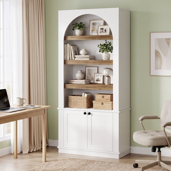 Fnova 71" Arched Bookcase with Storage Cabinet, 6-Tier Tall Bookshelf with Doors, Modern Freestanding Display Shelf for Living Room, Bedroom, Home Office, White