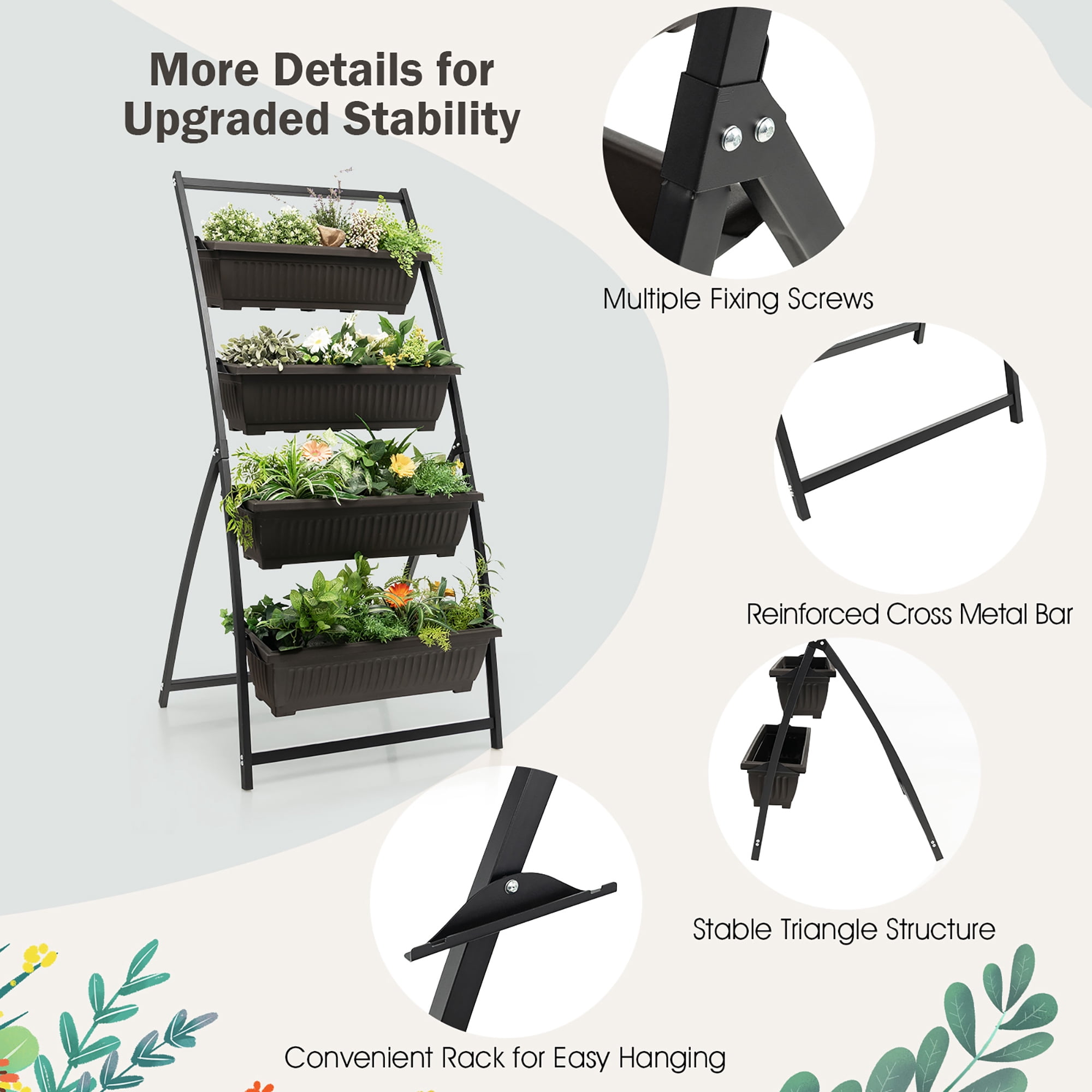 Costway 5 FT 4-Tier Vertical Raised Garden Bed Elevated Planter Box w/4 Container Boxes