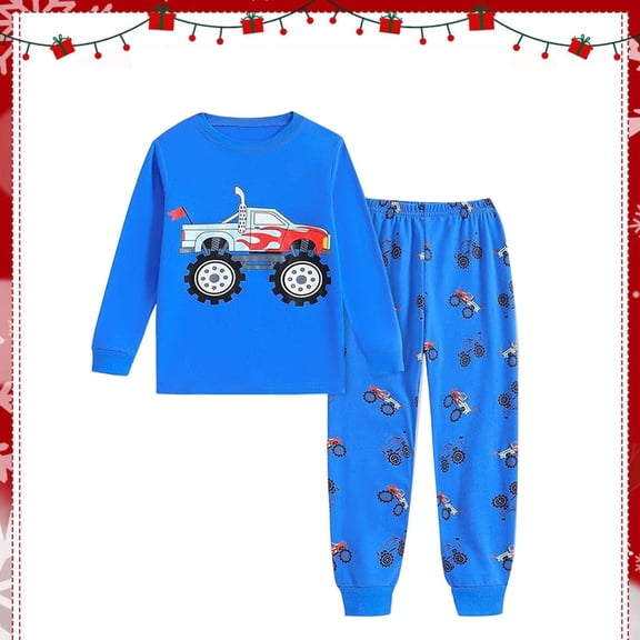RTKFRFLM Boys Toddler Kids Outfits Set 2-Piece Long Sleeve Truck Print Brushed Loungewear Nightwear 2-9Y
