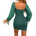 thumbnail image 5 of Women'S French Hepburn Style Long Sleeve Deep V Neck Bodycon Dress Short Green S, 5 of 9