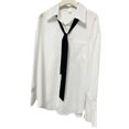 thumbnail image 2 of Camisa con botones para mujer, camisa de oficina holgada y transpirable con manga trompeta plisada blanca y corbata para fiesta y oficina, 2 of 8