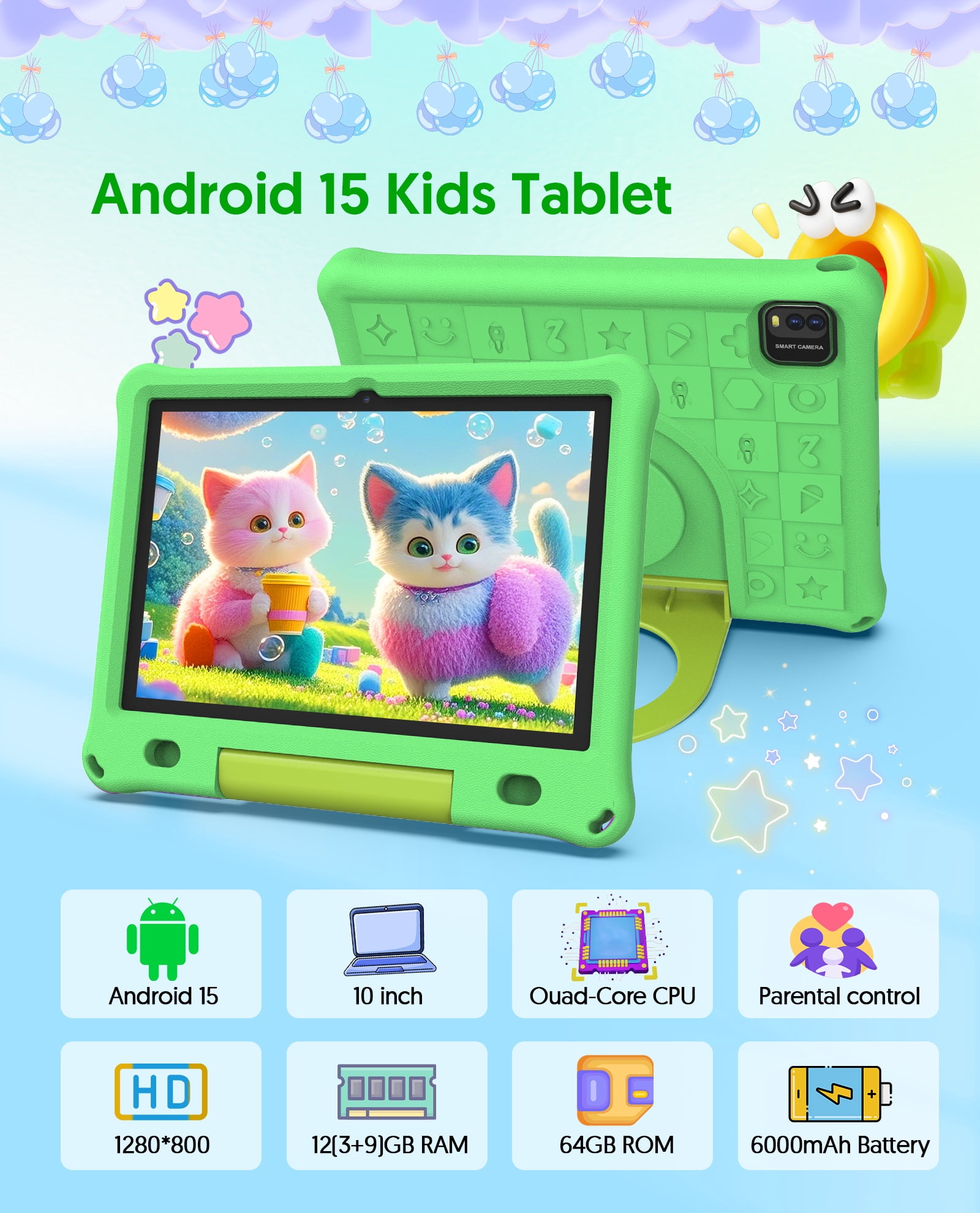 FITIFUN 10.1 inch Kids Tablet Android 15, 3GB RAM 64GB ROM 1TB Expand, Quad-Core, 5G/2.4G WiFi, 6000mAh, HD Display, Parental Control, Green