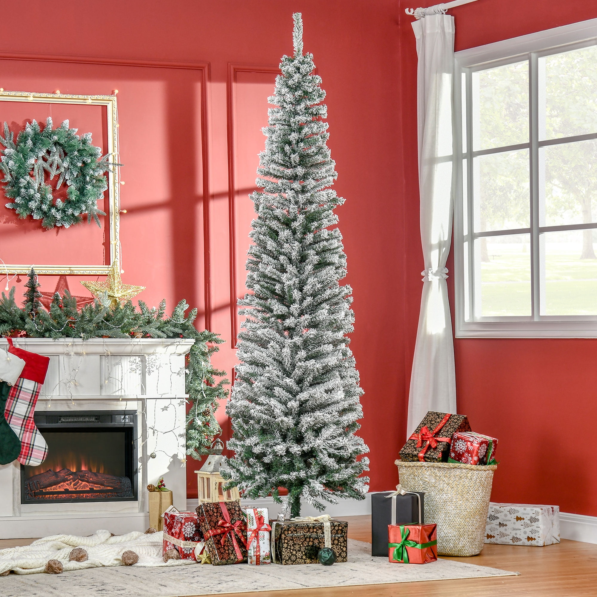 6ft Snow Flocked Christmas Tree Full Branch Tips Metal Stand Easy Assembly Indoor Decor