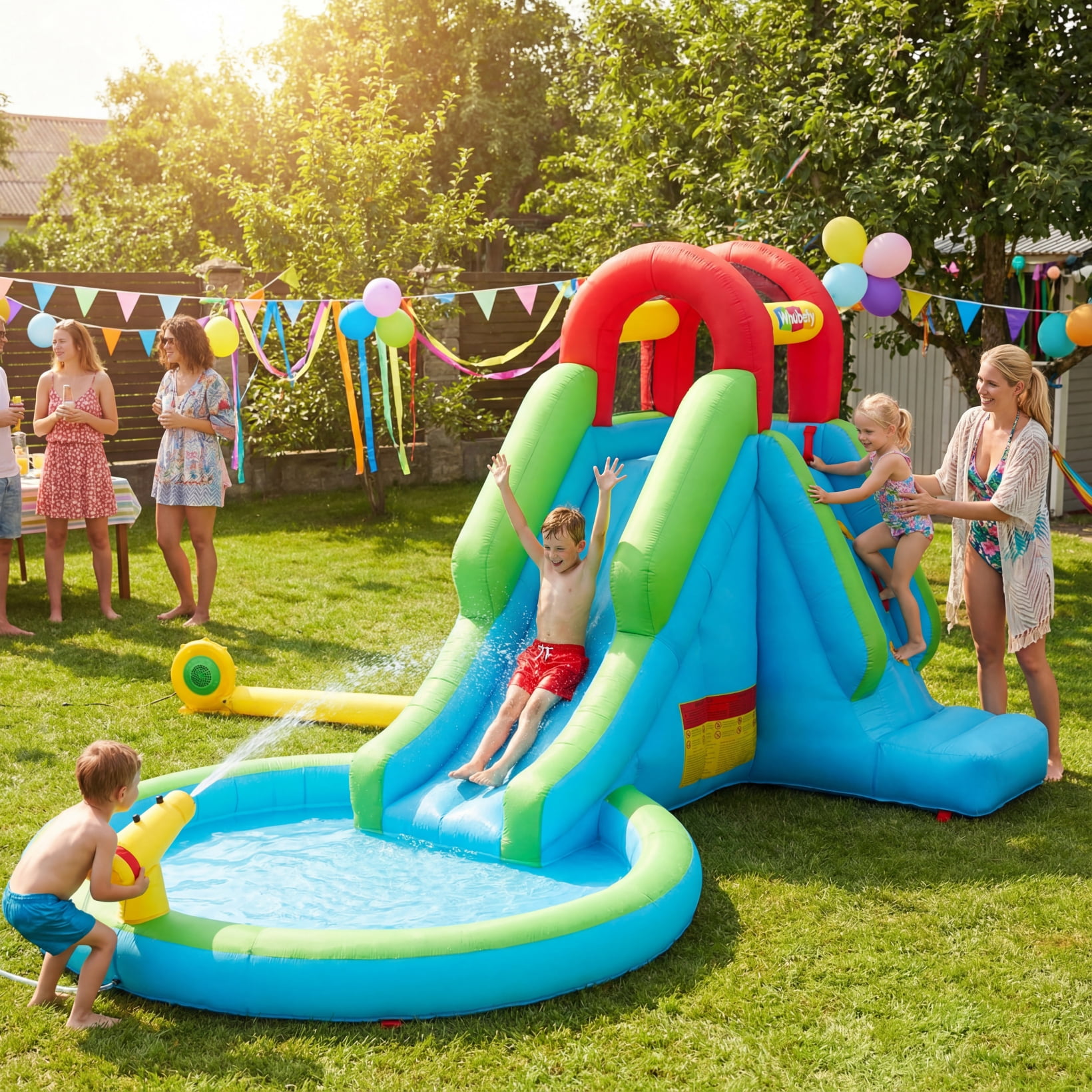 Adnoom Bounce House with 322W Blower, Water Slide with Large Pool/Ball Pit, Inflatable Bounce House with Water Cannon, Climbing Wall, Bouncing Castle for Kids 3-10 Backyard, Party, Gift