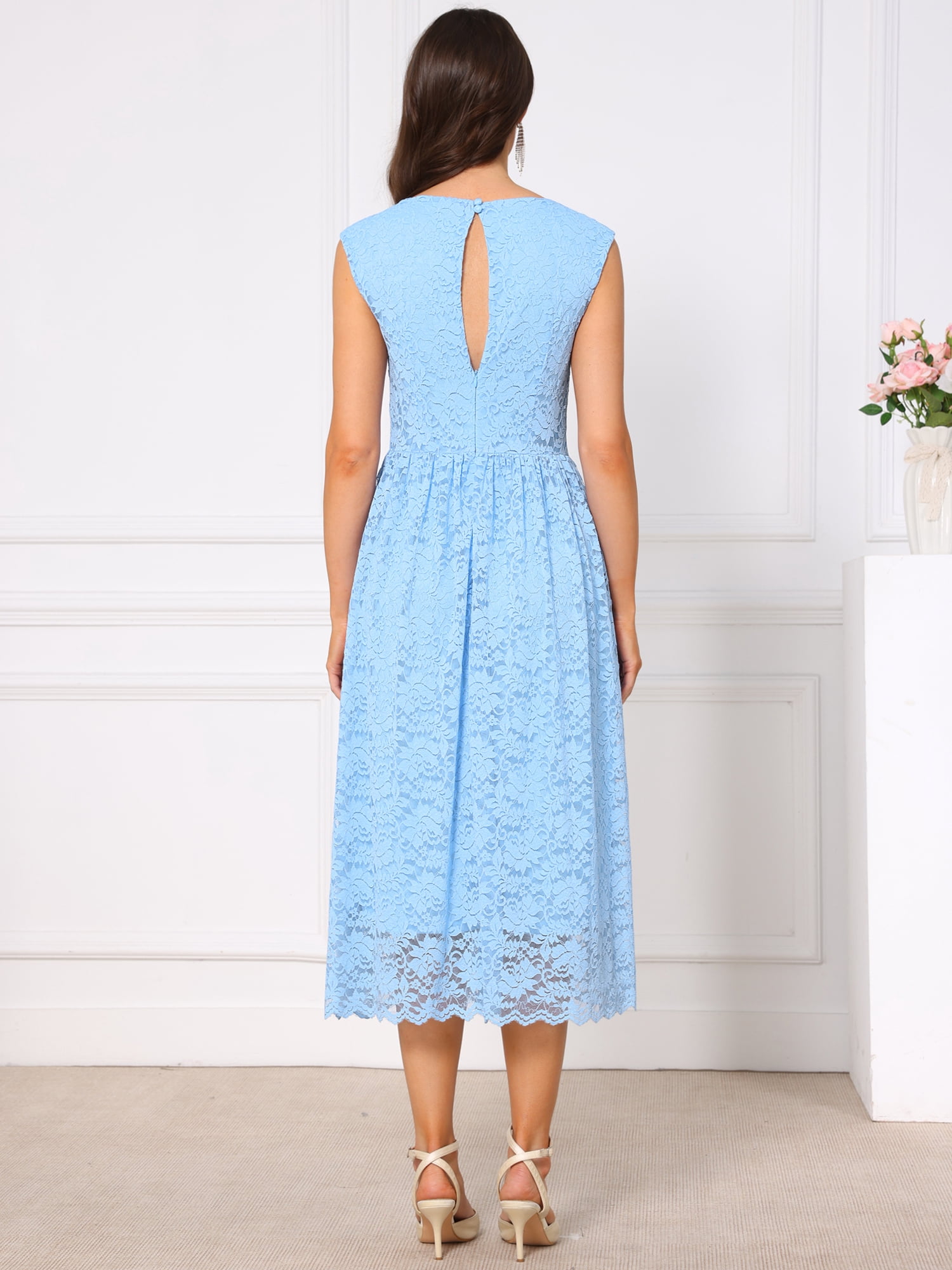 DARING DIVA Women's Boat Neck Vintage Formal Wedding Guest Lace Dress L Sky Blue