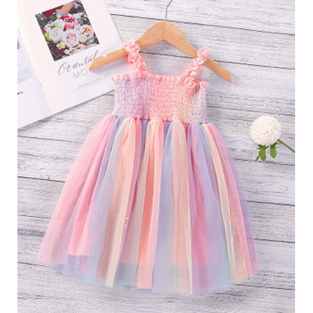 Faithtur Little Girls Suspender Dress Rainbow Color Mesh Slip