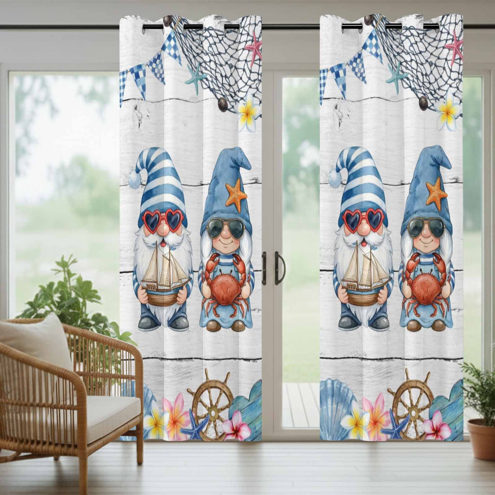 Ocean Gnome Outdoor Curtains for Patio, Nautical Shell Sea Star Flag Flower White Wood Grain Sunshade Privacy Drapes Grommet Waterproof Outside Curtains for Porch/Cabana/Balcony 54"x 108", 1 Panel